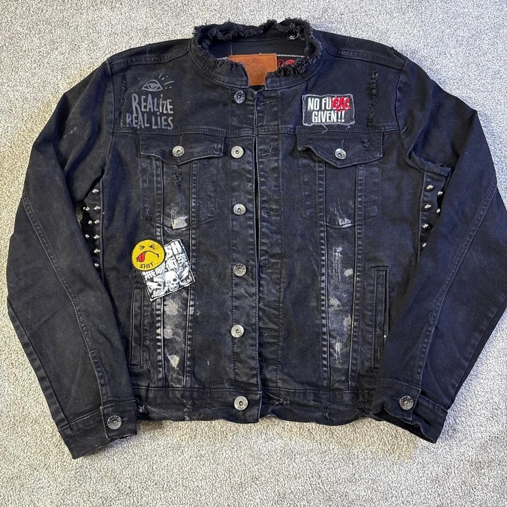 Black Denim Jacket Tokyo Dragon Patches Studded Punk Distressed Trucker Jacket